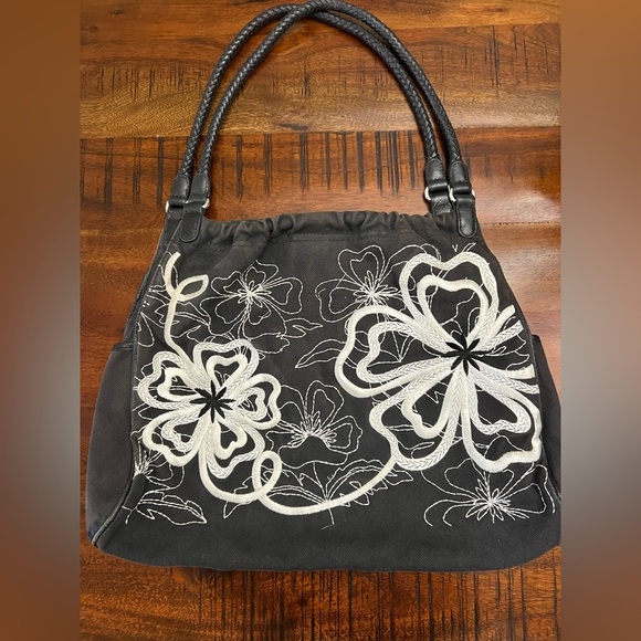 Brighton Black Floral Embroidered Canvas Shoulder Bag - Style U100986 - Picture 1 of 10